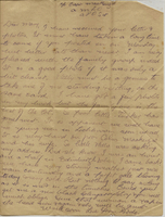 WW1 letter from LC Murdoch Munro to Nurse Munro, circa 14th November 1915