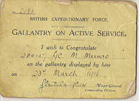 WW1 Gallantry on Active Service: British Expeditionary Force notice to Murdoch Munro on 23rd March 1918