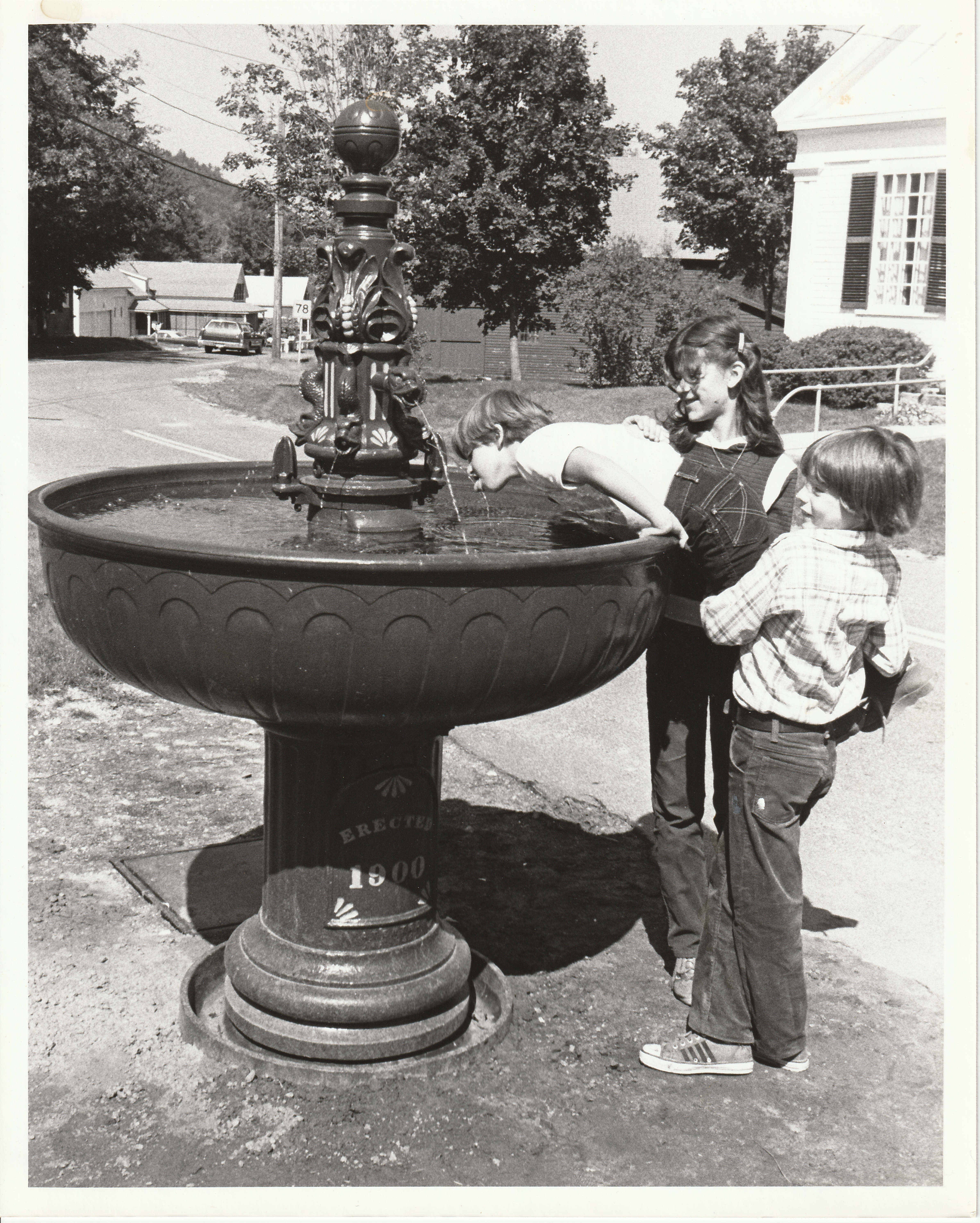 Image of Captain Ball's Fountain after repair work, September 1979. Children are Larry Kilroy, Jr., Jim Kilroy, and Kim Astrella.